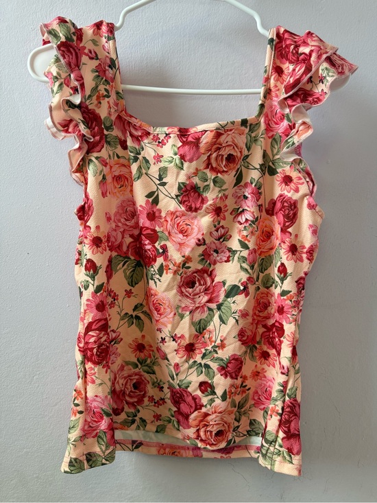 SHEIN Tops - “SHEIN Floral Ruffle Tank Top XL Square Neck Sleeveless Pink Green Summer”
